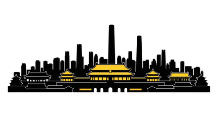 Silhouette of a city skyline with traditional buildings and modern skyscrapers in black and gold tones created with generative ai