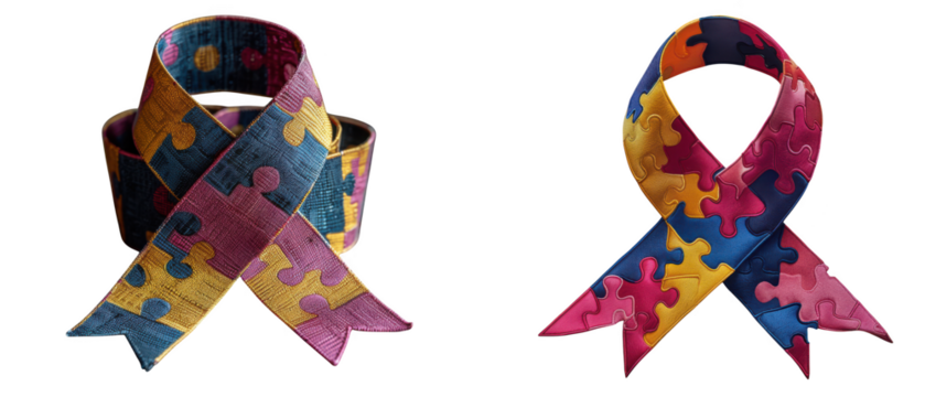 Two puzzle piece ribbons, one coiled, isolated on transparent background