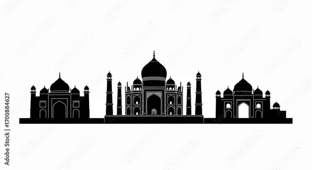 Poster silhouette of taj mahal with domes and minarets against a white background showing indian architectu