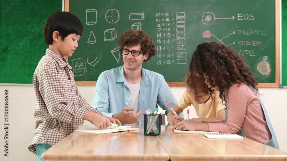 Poster smart teacher explain idea while diverse children drawing mind map while group of diverse student wo