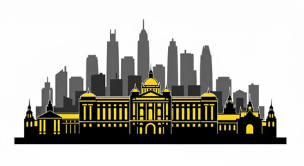 Illustration of a city skyline with buildings and skyscrapers in black and yellow colorscheme created with generative ai