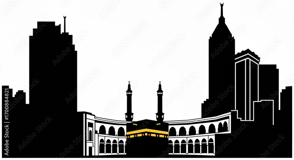 Poster silhouette of the mecca skyline with the kaaba and surrounding buildings against a white background 