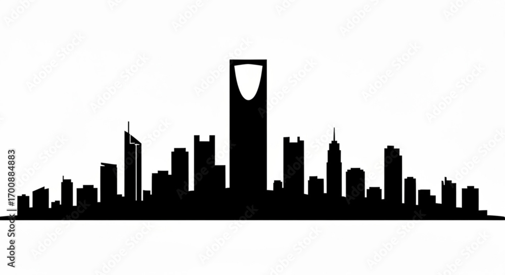 Poster silhouette depiction of a cityscape with various buildings and a prominent central tower structure p