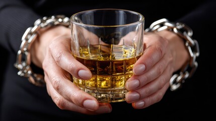Hands bound by heavy metal chains holding a glass of brown spirits, depicting severe alcohol abuse, addiction, physical dependence, and psychological craving.