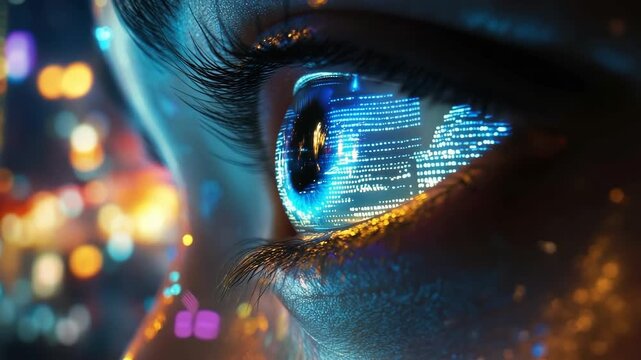 Close-up of a human eye reflecting digital data, symbolizing technology and video innovation. Captured from a side angle with vibrant colors. Live desktop wallpaper.