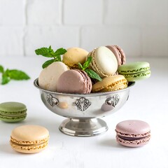 Assorted colorful macarons in a bowl