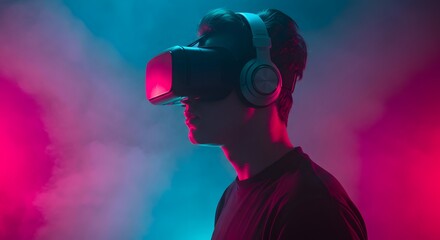 Immersive Digital World: VR Headset Experience Highlighted by Modern Neon Lighting and Technology