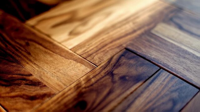 Medium shot of walnut herringbone wood flooring highlighting rich warm tones with natural grain texture sharply in focus against a softly blurred background