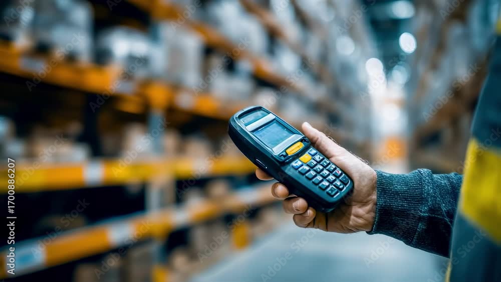 Poster medium shot of a warehouse worker using a handheld device to scan barcodes focusing sharply on the s