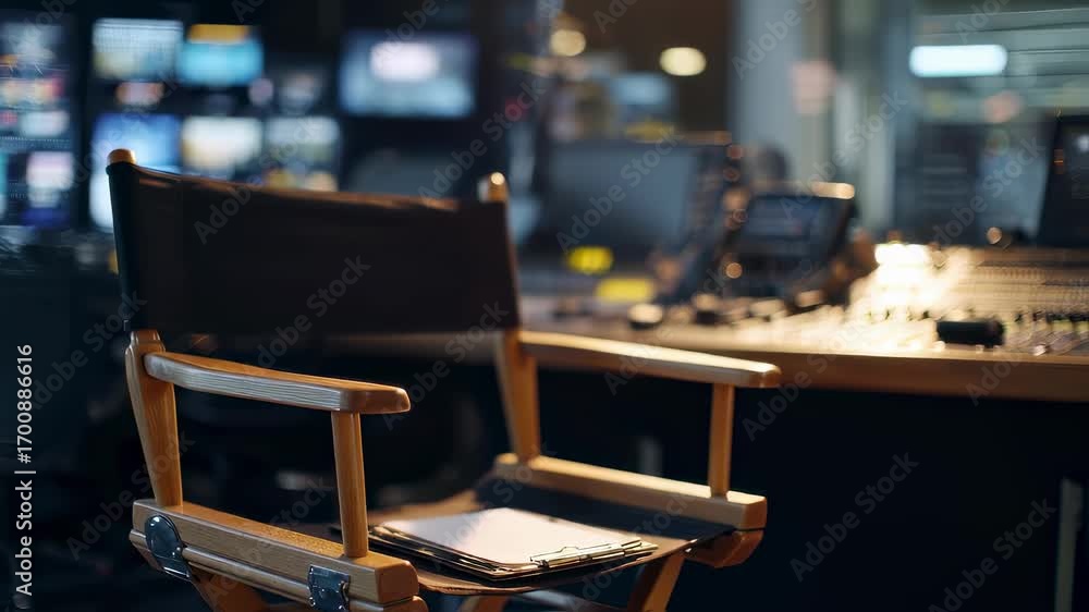 Poster focused medium shot of a broadcast directors chair with a clipboard in hand blurred screens and cont