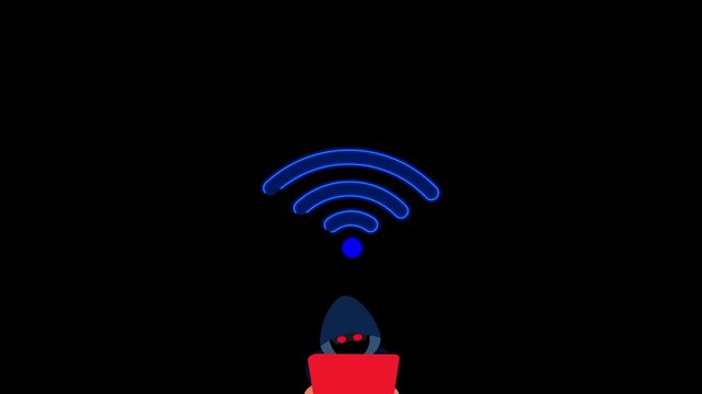 a hacker compromising or hacking a wi fi router or wifi signal, cyber security and technology infographics, alpha channel supported, element for network security and cyber space, cyber attack, danger.