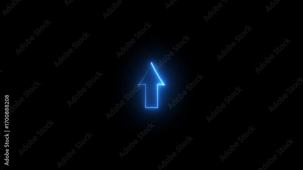 Poster bright blue neon arrow pointing upwards on a solid black background direction pointer