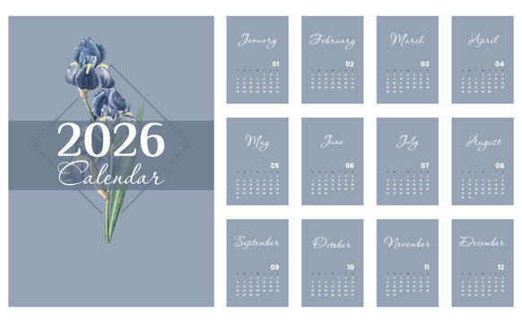 Vector illustration. Minimalistic calendar 2026 printable template a4. Week starts on Sunday