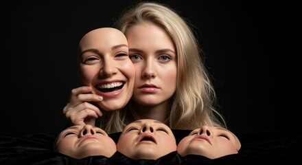 Blonde woman holding a cheerful mask, her own face shows deep thought. She considers true self and chooses an emotional identity from various social facades.