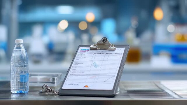 Handheld clipboard with chainofcustody forms in sharp focus medium shot showing water sampling cooler and blurred lab interior behind.