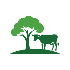 Organic Farm Logo with Cow Grazing Under Tree