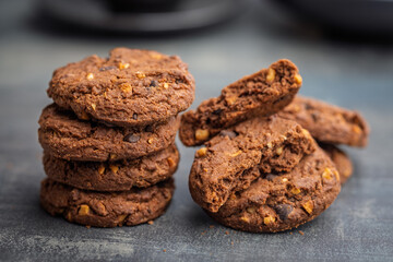 Sweet chocolate cookies on kitchen table.