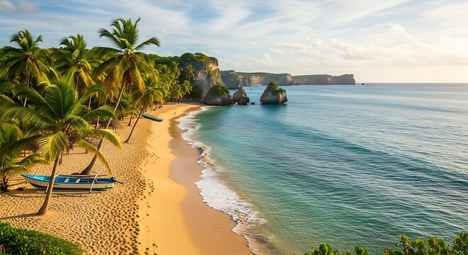 Idyllic tropical beach with palm trees and turquoise ocean.
