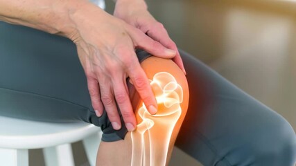 Close-up angle showing hands on a knee with an X-ray effect. The video concept highlights joint pain and anatomy in a medical context.