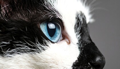 Close-up profile of a black and white cat's face, vibrant blue eyes