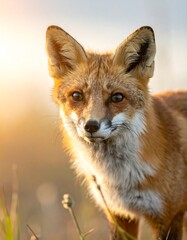 Fototapeta premium Close-up of a captivating red fox, bathed in golden sunlight, showcasing its intricate fur patterns and intelligent gaze.