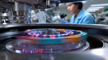 Advanced laboratory machine rotating liquid samples with colorful chemical reagents in a modern clean room facility for scientific research and detailed analysis of substances