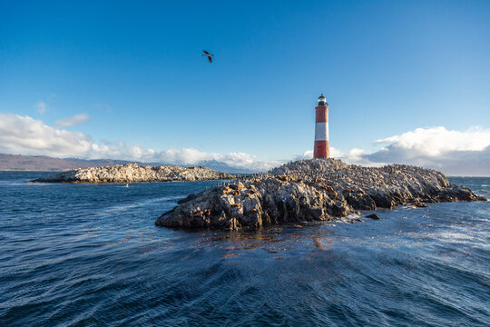 Les &Eacute;claireurs lighthouse at the end of the world in Beagle Channel, Ushuaia, Patagonia Argentina. Travel, tourism, no person, navigation, destination, iconic, adventure, remote, expedition