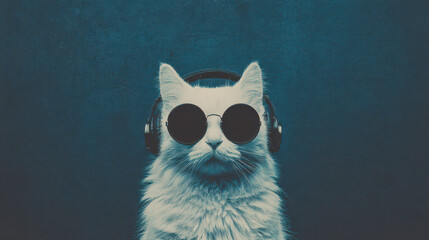 Cool Cat Grooving: A cat, stylishly sporting headphones and sunglasses against a dark background, exudes a relaxed, cool vibe, seemingly lost in the rhythm of the music.