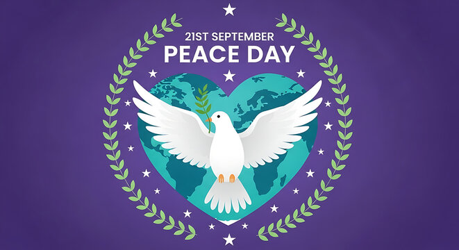 White dove of peace flying over a heart shaped earth on international peace day - Powered by Adobe