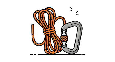 Illustration of a climbing rope coiled next to a silver carabiner with safety lock