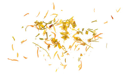 Close up dried Saint John's wort petals, seeds, leaves and flower flying (Hypericum perforatum)...