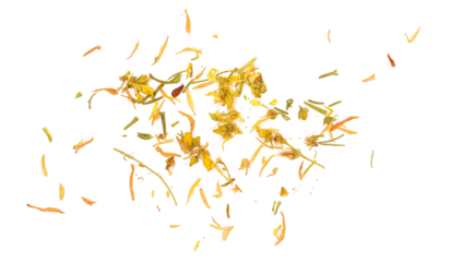 Close up dried Saint John's wort petals, seeds, leaves and flower flying (Hypericum perforatum) isolated on white background, clipping path, 