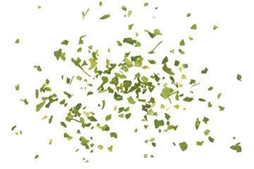 Close up chopped dry parsley leaves flying, pile isolated on white background, clipping path