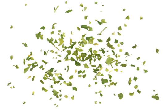 Close up chopped dry parsley leaves flying, pile isolated on white background, clipping path