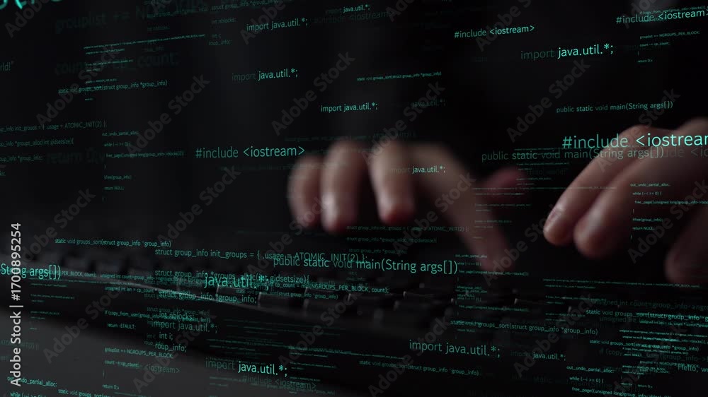 Poster close-up shot of hands typing on a keyboard with floating lines of code in a dark space, symbolizing