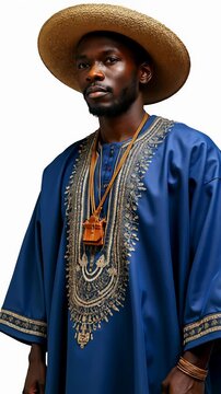 Fulani man wearing traditional boubou robe in Mali with intricate embroidery and straw hat during cultural celebration