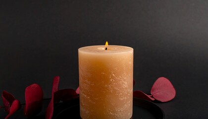 Beige candle flame on dark background with red petals
