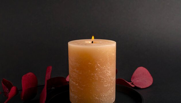 Beige candle flame on dark background with red petals - Powered by Adobe