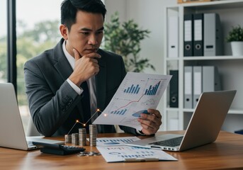 Naklejka premium Businessman analyzing a sales graph showing growth and success.