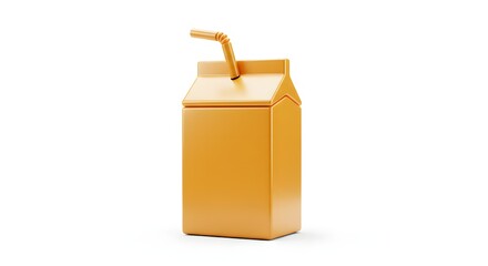 A minimalist 3D illustration of a vibrant orange drink carton featuring a bent straw, isolated against a bright white background.