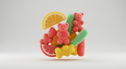A colorful assortment of gummy bears and fruit slices, arranged playfully against a white backdrop.