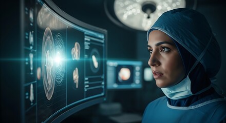 A surgeon in scrubs and a cap intently studies a futuristic holographic medical display showing anatomical scans in a dimly lit operating room.