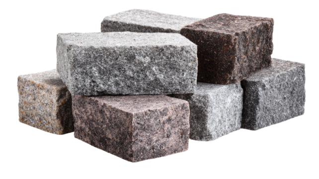 Stacked rectangular paving stones in various shades of gray and brown.  Rough textured surfaces