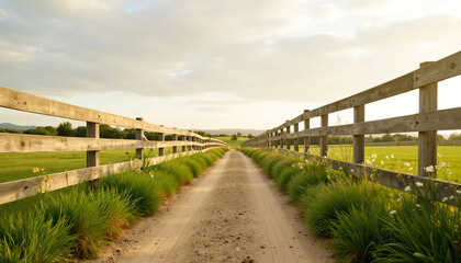 Fototapeta premium Long dirt path between wooden fences in rural landscape 