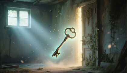 Magical key floating in a beam of light near an open door  