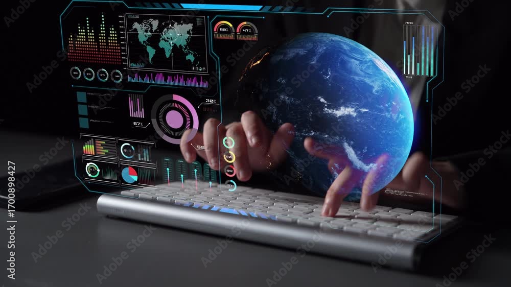 Poster high-tech global network connection interface showing worldwide digital communication, data exchange