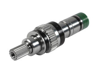 Single drive shaft with universal joint and splines, centered on white background.