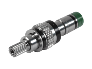 Single drive shaft with universal joint and splines, centered on white background.