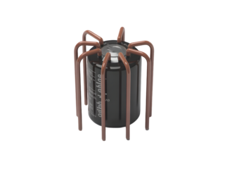 Single capacitor with radial leads and labeled casing, centered on white background.
