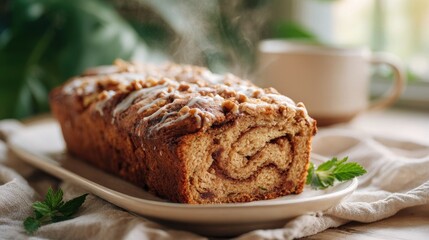 Freshly baked cinnamon swirl bread with icing